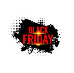 Wall Mural - Black friday sale vector banner or weekend shop offer tag. Special discount price or clearance deal promo poster on background of black paint brush strokes and halftone blobs pattern with gold sparks