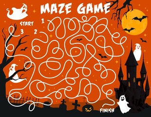 Sticker - Labyrinth maze game, Halloween ghosts on cemetery, kids puzzle or vector worksheet. Labyrinth riddle with start and finish to find way in maze for funny spooky ghost to Halloween castle on cemetery