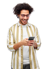 people and technology concept - happy smiling man in glasses with smartphone over white background