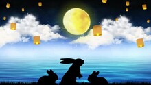 Unfounded With Full Moon Night Sky And Rabbits Silhouette . Simple Natural Background .
