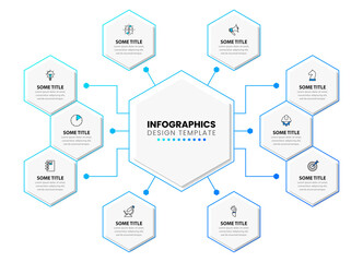 Infographic template. 10 steps with hexagons connected to the center