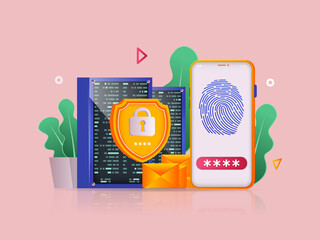 Cyber security concept 3D illustration. Icon composition with smartphone with fingerprint scanning and password screen, shield protects data from hacking. Vector illustration for modern web design