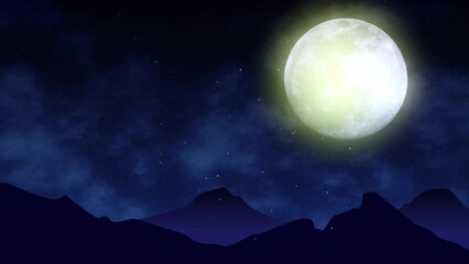 night mountain scenery with mountains alternate in background. full moon night bright stars are fill