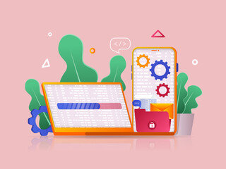 Programming software concept 3D illustration. Icon composition with coding and testing code on laptop or smartphone screens, creating and optimizing software. Vector illustration for modern web design