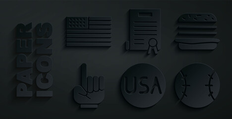 Wall Mural - Set USA label, Burger, Number 1 one fan hand glove, Baseball ball, Declaration of independence and American flag icon. Vector