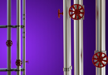 Gas Pipes. Steel Pipes With Red Valves. Several Pipes On Purple. Selective Focus. Pipeline For Gas Supply. Equipment For Supply By Propane. Pipeline Filled With Natural Gas. 3d Rendering.