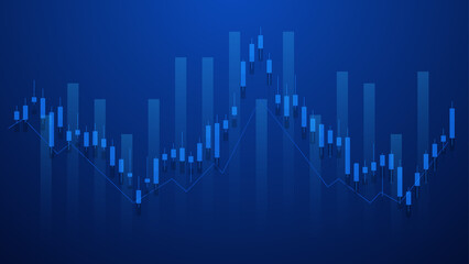 economy situation concept. Financial business statistics with bar graph and candlestick chart show stock market price and currency exchange on blue background