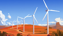Wind Farm In The Desert. Vector Illustration