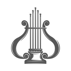 Wall Mural - Vintage musical harp isolated on white background. Lyre symbol for logo design. Vector illustration