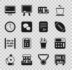 Poster - Set Shelf with books, Calculator, American football ball, School Bus, Speech bubble chat, Clock, Computer monitor and Exam sheet plus grade icon. Vector