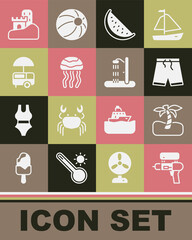 Poster - Set Water gun, Tropical palm tree, Swimming trunks, Watermelon, Jellyfish, Fast street food cart, Sand castle and Beach shower icon. Vector