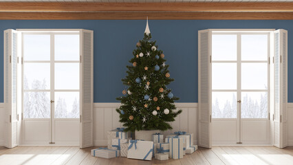 Christmas interior design, living room with parquet floor in white and blue tones, wooden beam ceiling and panoramic windows on winter landscape. Party decorations, contemporary style