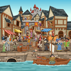 Cartoon medieval town. Middle age village with people.  Ancient city with cartoon characters.