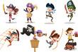 Group of cartoon pirates with swords.
