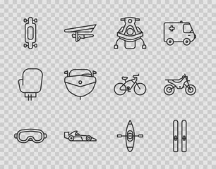 Wall Mural - Set line Ski goggles, and sticks, Snowmobile, Formula 1 racing car, Longboard skateboard, Speedboat, Kayak canoe and Mountain bike icon. Vector