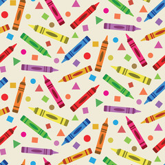 Cute colorful crayons seamless pattern with circles, triangles and squares . Great for school projects, stationary, posters, textile and gift wrapping paper	