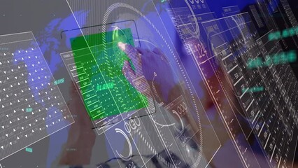 Poster - Animation of digital screen with data over asian man using tablet with copy space