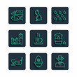 Set line Golf club with ball on tee, British police helmet, Queen Elizabeth, Water drop, Cup of tea tea bag, Big Ben tower, Fish and chips and Coffee cup go icon. Vector