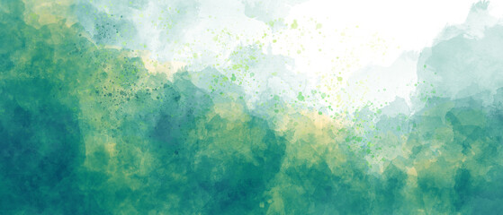 Wall Mural - green yellow sky gradient watercolor background with clouds texture	
