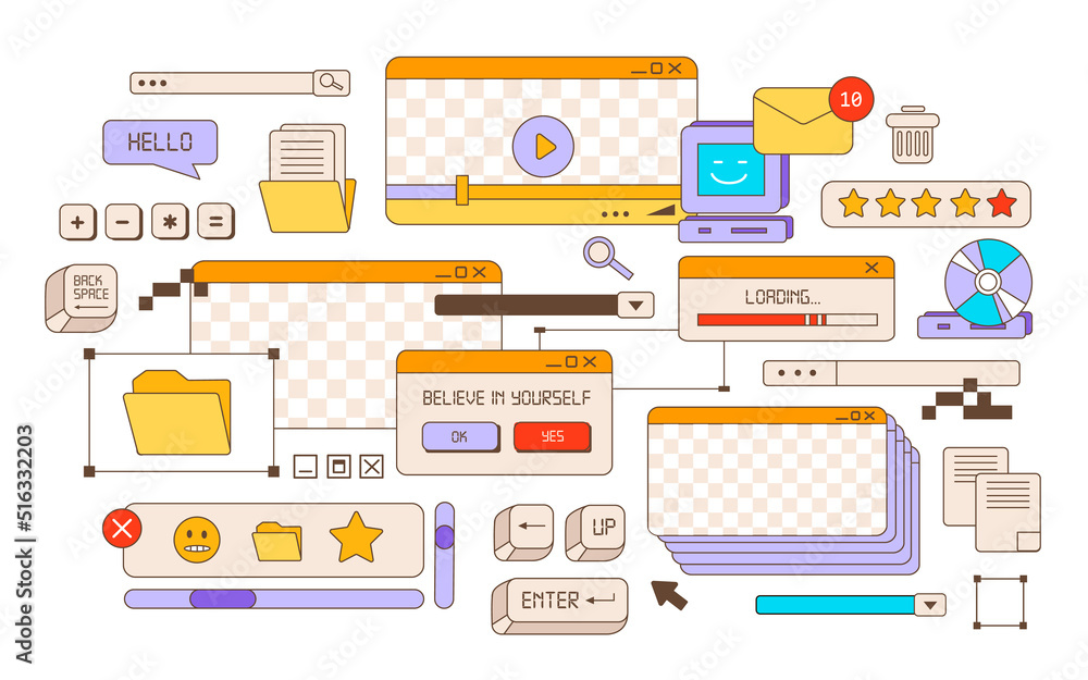 Old User Interface Drawing Browser windows in the vaporwave style of the 80-90s. Desktop PC with ...
