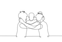 Men Grabbed Each Other And The Third Grabbed Them Both By The Hair - One Line Drawing Vector. The Concept Of A Fight, Break Up A Fight, Punish Behavior