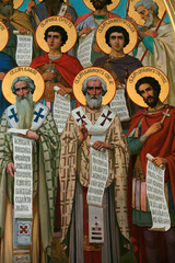 Wall Mural - Detail of a fresco in Aghios Andreas monastery on Mount Athos :.Christian founding fathers