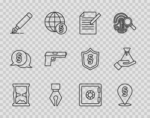 Sticker - Set line Old hourglass, Location law, Document and pen, Fountain nib, Pistol or gun, Safe and Bribe money bag icon. Vector