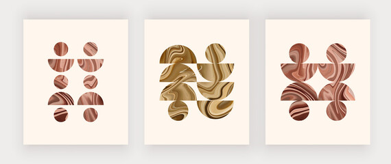 Golden mid century wall art prints with geometric liquid texture shapes
