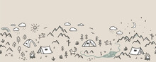 Cute Hand Drawn Vector Seamless Pattern With Camping Doodles, Tents, Landscape And Trails, Great For Textiles, Banners, Wallpapers-