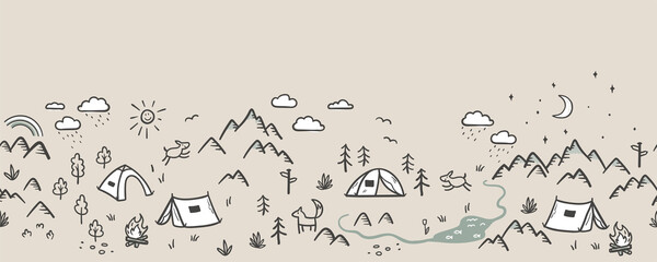 Wall Mural - cute hand drawn vector seamless pattern with camping doodles, tents, landscape and trails, great for