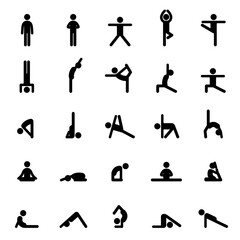 Set of icons doing yoga exercises. Stretching and relaxing in many different yoga poses. Black shapes of person isolated on white background. Yoga complex.