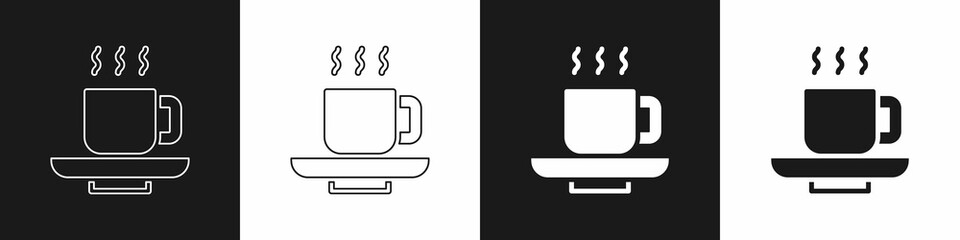 Set Coffee cup icon isolated on black and white background. Tea cup. Hot drink coffee. Vector