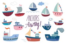 Ships And Boats Collection Vector Illustration, Different Elements Doodle Style Isolated On White