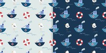 Nautical Seamless Patterns Set With Cute Boats, Seagull And Life Buoy, Doodle Style, Decorative Summer Wallpaper, Background