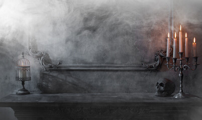 Wall Mural - Mystical Halloween still-life background. Skull, candlestick with candles, old fireplace. Horror and witchery.