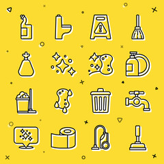 Sticker - Set line Rubber plunger, Water tap, Dishwashing liquid bottle, Wet floor, Home cleaning service, Garbage bag, and Sponge icon. Vector