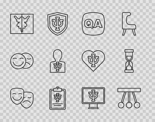 Wall Mural - Set line Comedy and tragedy masks, Pendulum, Question Answer, Psychology, Psi, Rorschach test, Psychologist online and Old hourglass icon. Vector