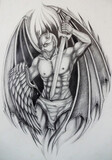 Fototapeta Kosmos - Art fantasy devil tattoo. Hand drawing on paper.