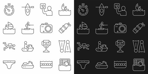 Sticker - Set line Water polo, Flippers for swimming, Aqualung, Assessment of judges, skiing man, Windsurfing, Stopwatch and Photo camera icon. Vector