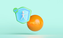 3d Protect Your Health With Omega 3 Fatty Acids, Shield Icon, Stick Man Miniature, Checkmark, The Vitamins Your Body Needs Concept, Isolated On Green Background. 3d Render Illustration