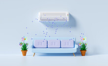 3d Air Conditioner System With Anion, Ozone, Arrow Air Flows Shows, Bench Or Sofa In Room Isolated On Blue Background. 3d Render Illustration