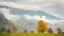 Beautiful Landscape Of A Mountain Behind The Clouds And Trees In Autumn Foliage