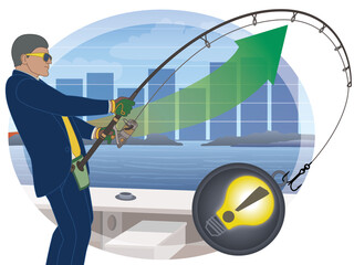 Wall Mural - businessman fishing for ideas to increase business growth with bar graph and arrow pointing up, city and water in background