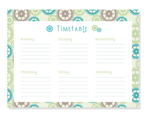  Timetable Steampunk gear wheel Class schedule, weekly calendar , schedule. Organizer information template. Empty school timetable, Planning .