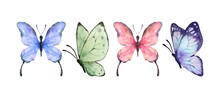 Colorful Butterflies Watercolor Isolated On White Background. Purple, Green, Pink And Blue Butterfly. Spring Animal Vector Illustration