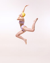 Portrait Of Young Woman In Swimming Suit And Cap Jumping Into Water Isolated On Grey Studio Background. Summer Activity.