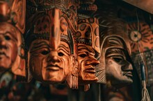 Closeup Of Wooden Statues With Carved Faces. Artifacts In Guatemala
