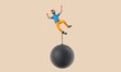 Business character chained to a large falling ball. 3D Rendering