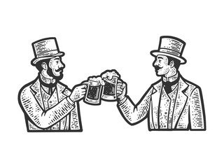 Wall Mural - Friends gentlemen beer party cheers drinking alcohol sketch engraving raster illustration. T-shirt apparel print design. Scratch board imitation. Black and white hand drawn image.