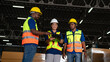 © kelvn - Warehouse employee worker with digital tablet talking on warehouse, Logistic industry concept.